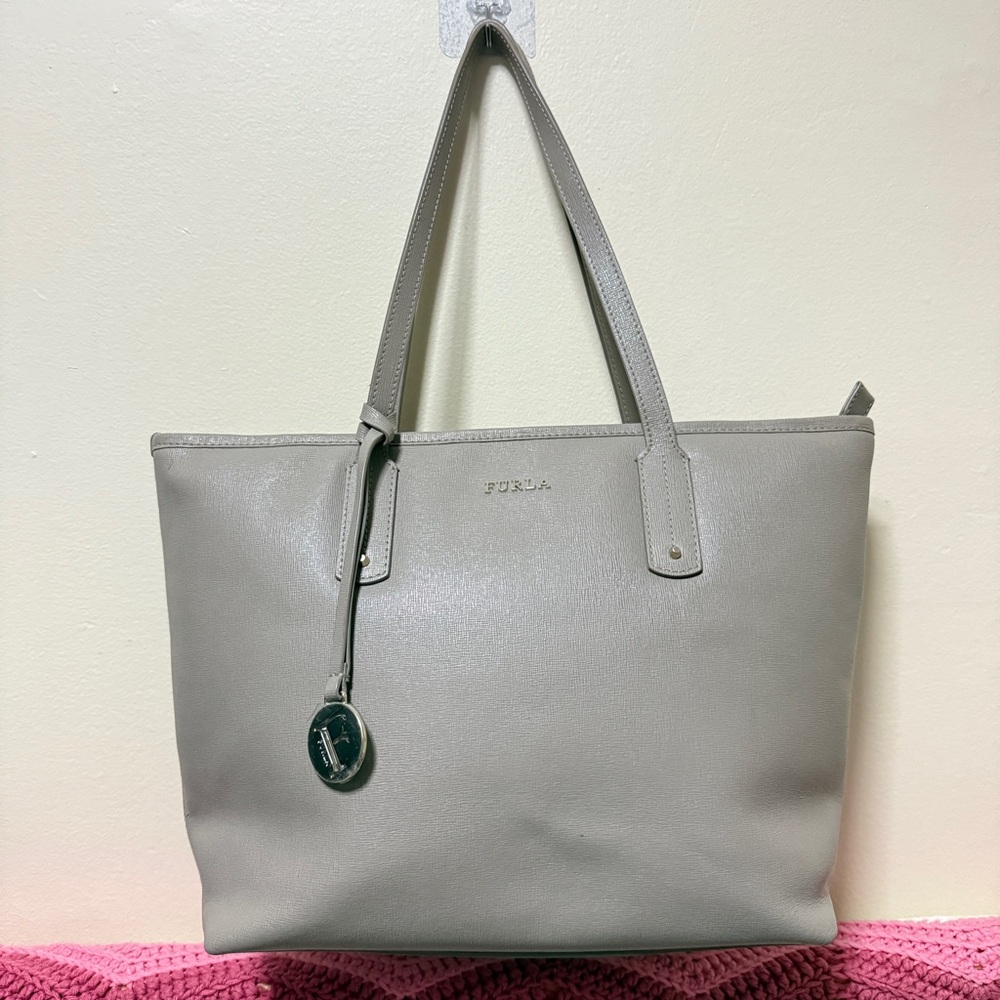 FURLA Daisy Sabbia Gray Saffiano Leather Tote Bag.